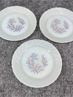 Vtg Mex12 Mexico China Termocrisa Milk Glass Plates 6 7/8" Blue Brown Set Of 3